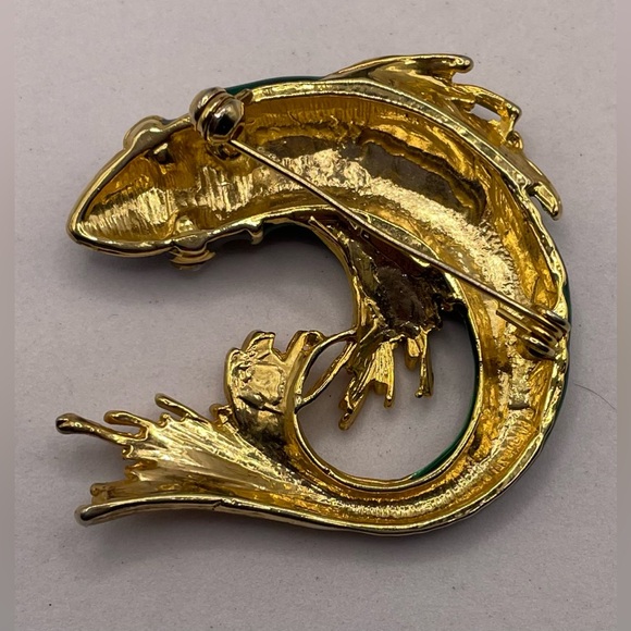 Vintage Koi Fish Gold Tone Red Blue Green Enamel Brooch Pin Clear Crystal Eyes - Picture 8 of 8